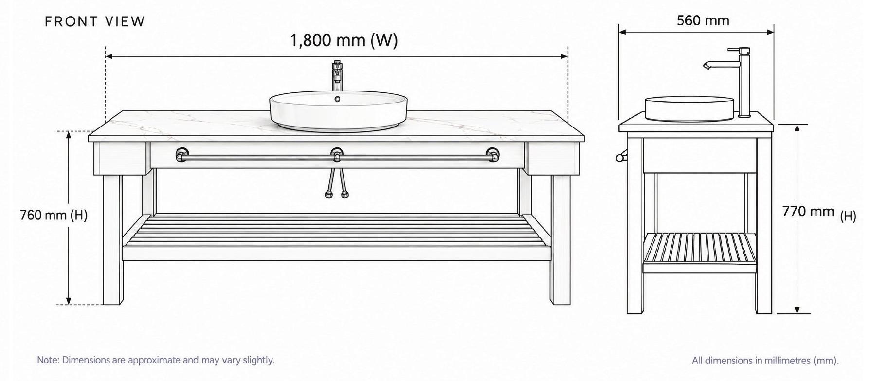 Vanity Three in Solid Oak front and side elevation with dimensions in millimetres