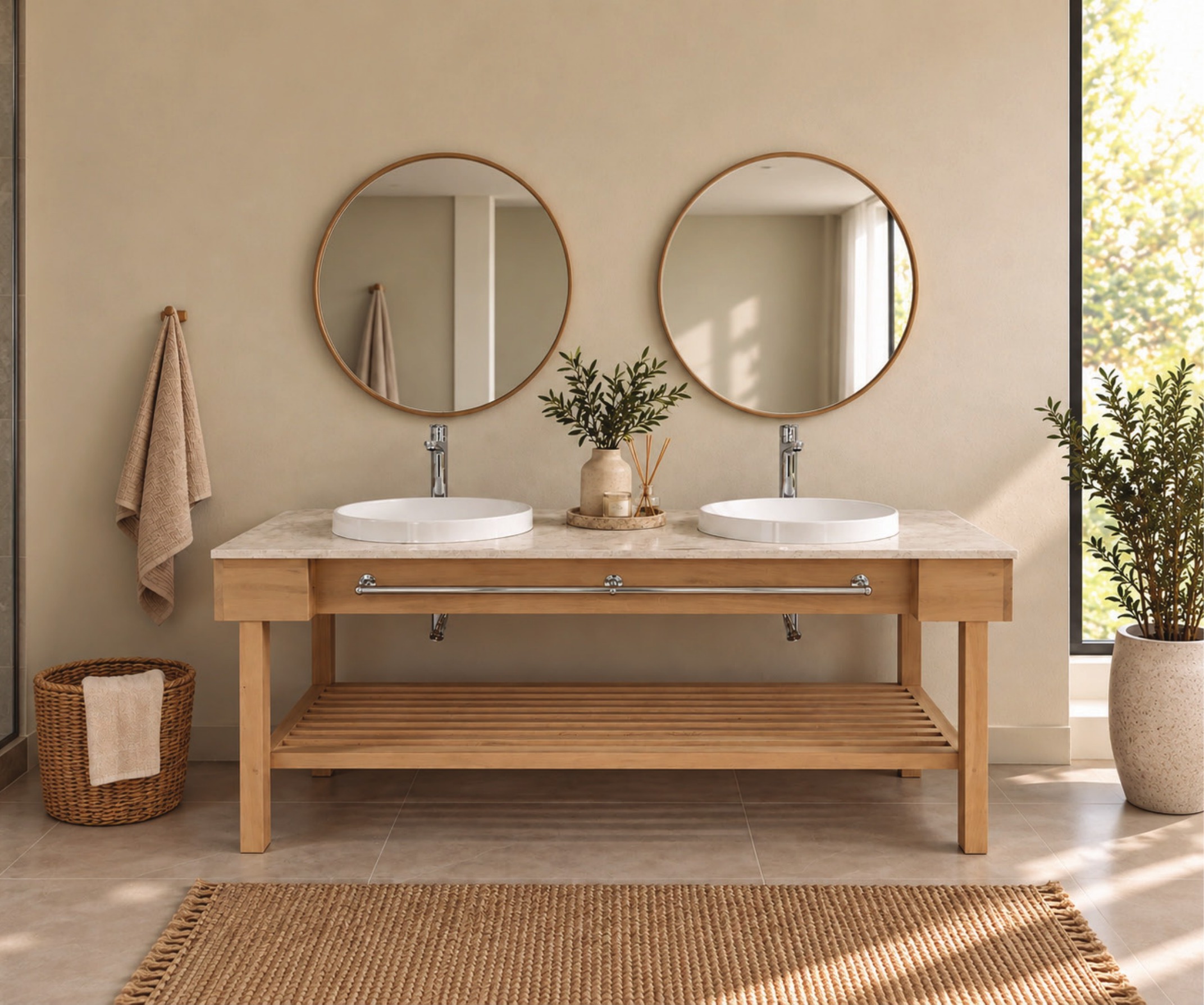 Vanity Two in Solid Oak installed in a bathroom setting