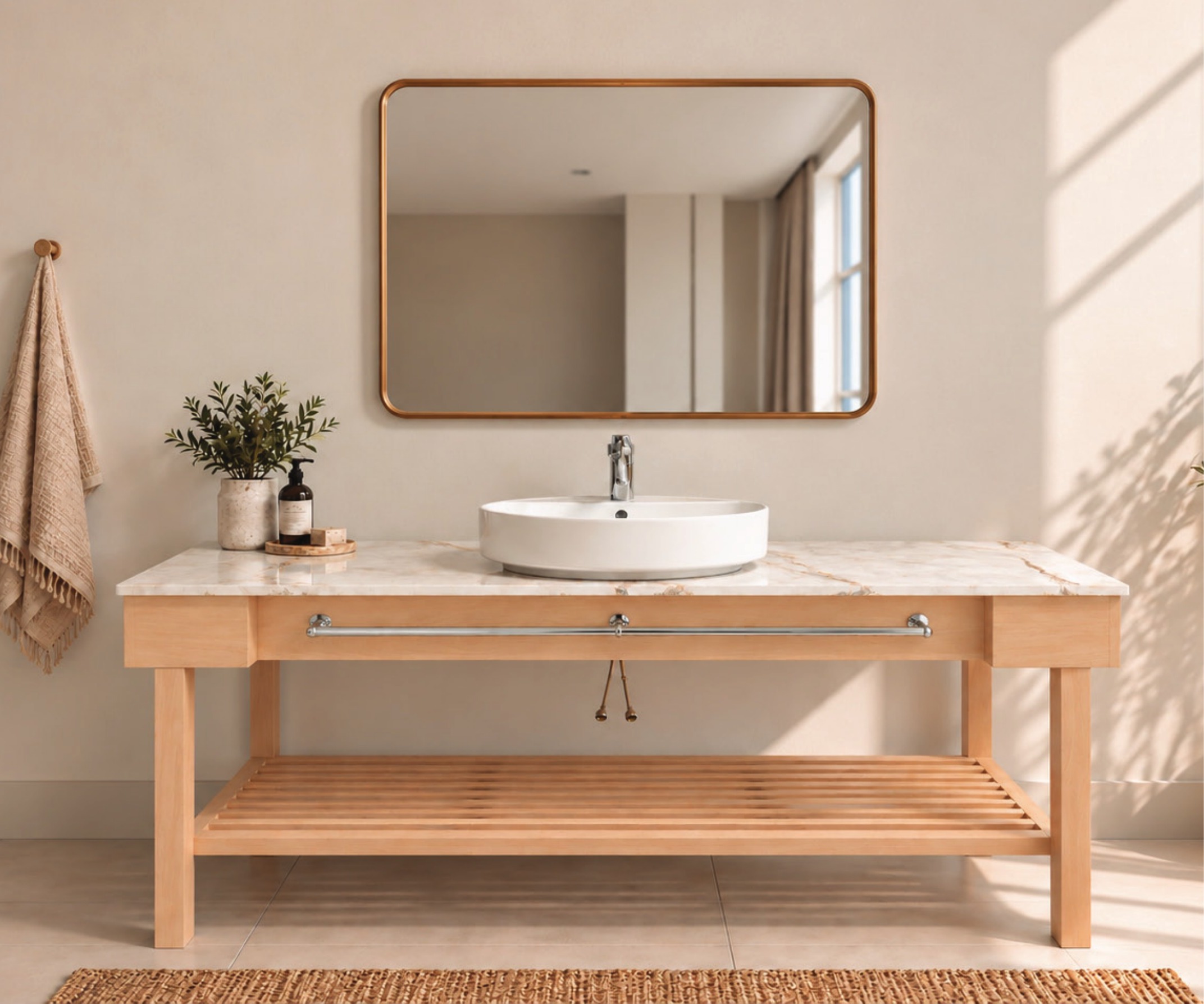 Vanity Three in Solid Beech installed in a bathroom setting