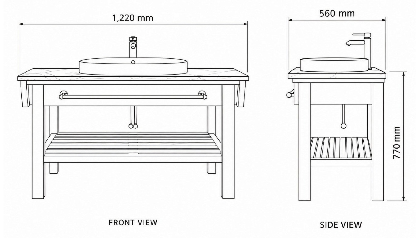 Vanity Four in Solid Beech front and side elevation with dimensions in millimetres