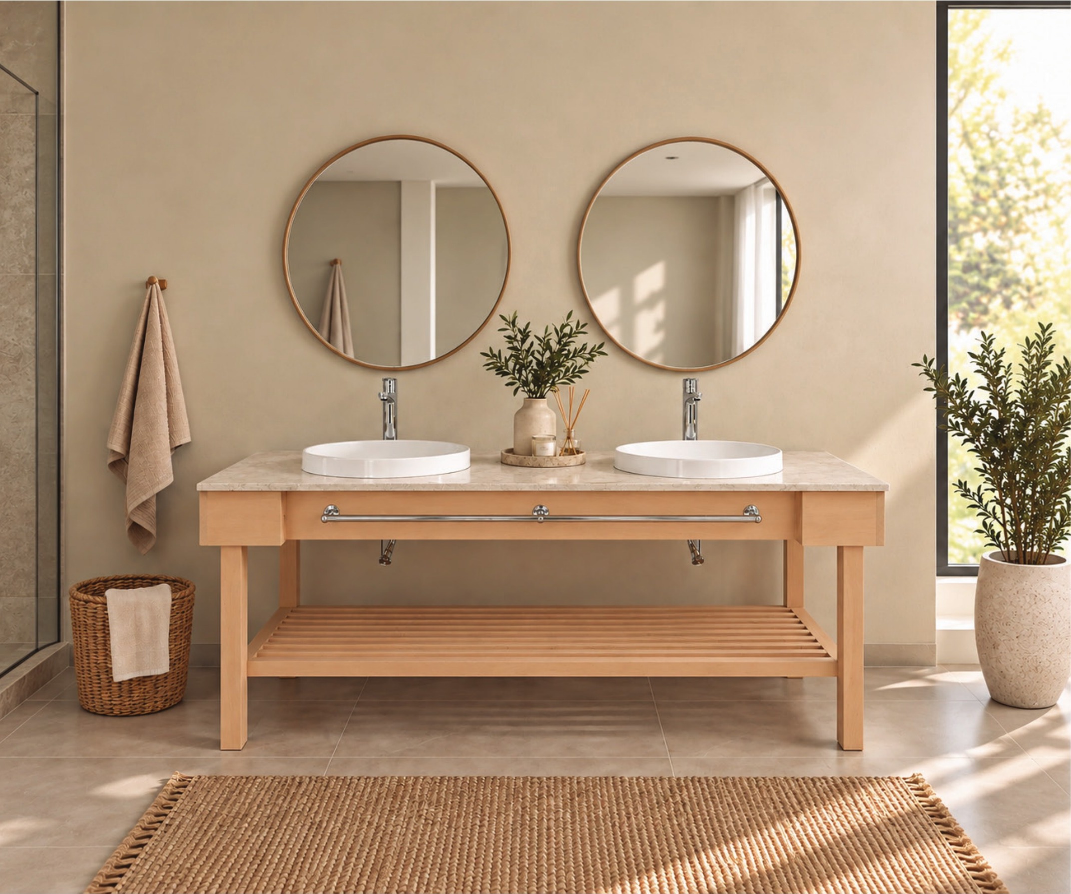 Vanity Two in Solid Beech installed in a bathroom setting
