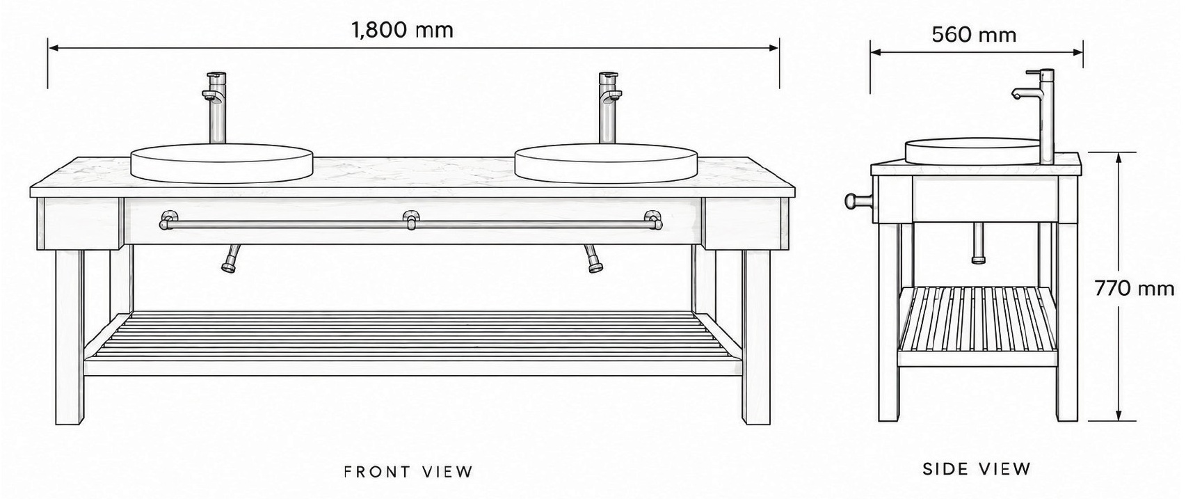 Vanity Two in Solid Beech front and side elevation with dimensions in millimetres