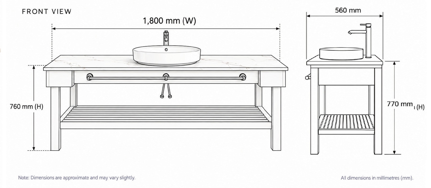 Vanity Three in Solid Beech front and side elevation with dimensions in millimetres