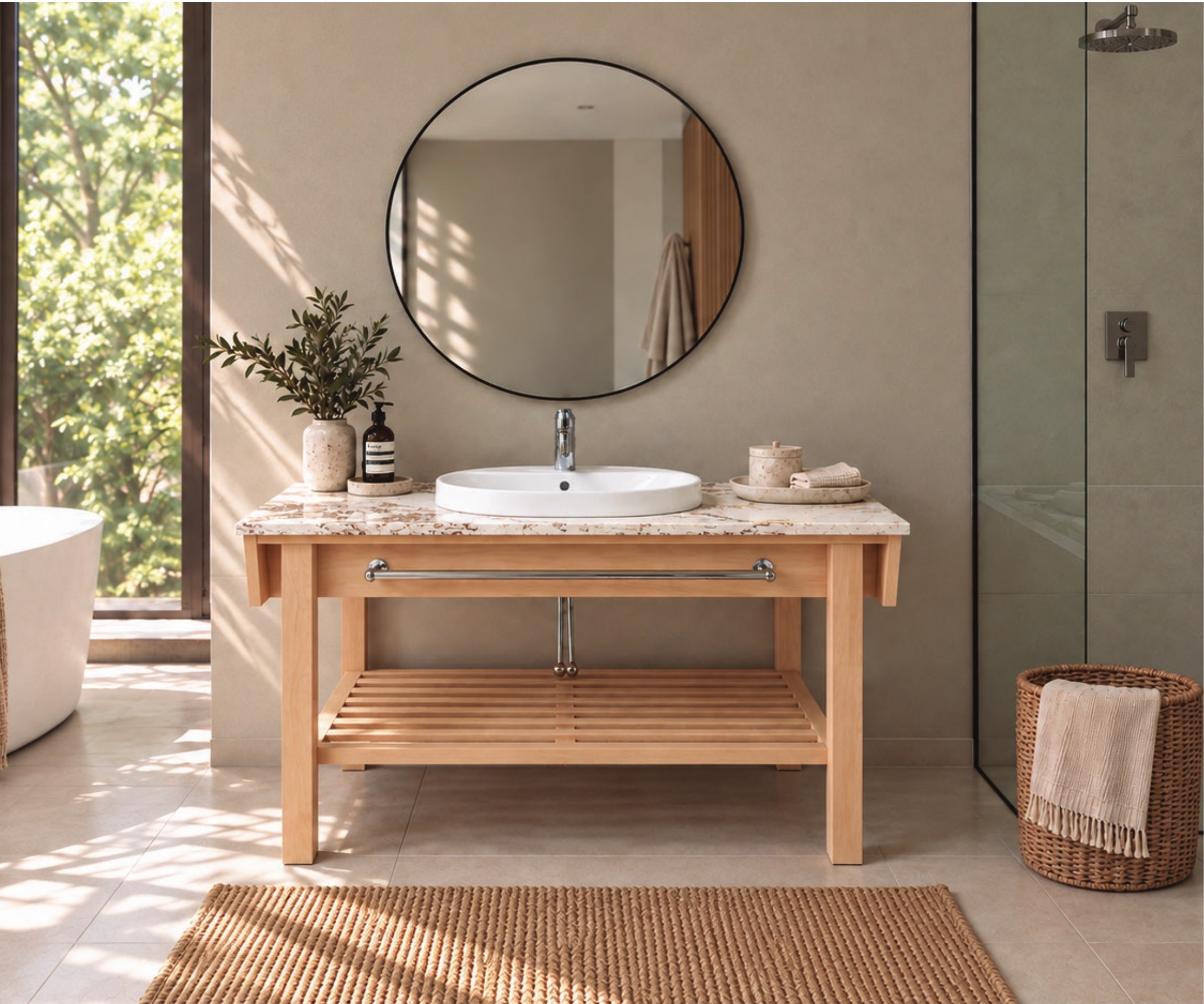 Vanity Four in Solid Beech installed in a bathroom setting