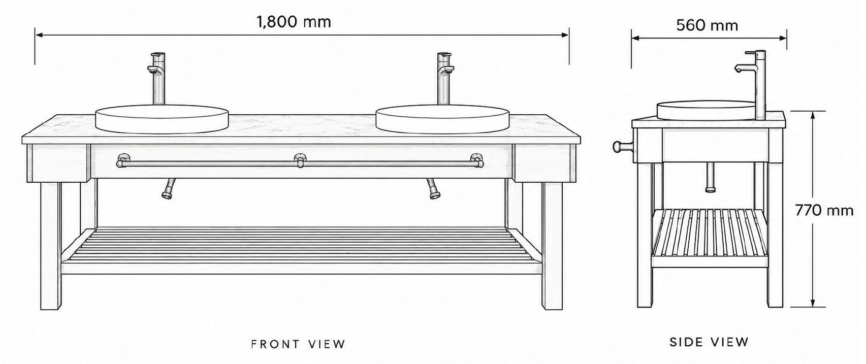 Vanity Two in Solid Oak front and side elevation with dimensions in millimetres