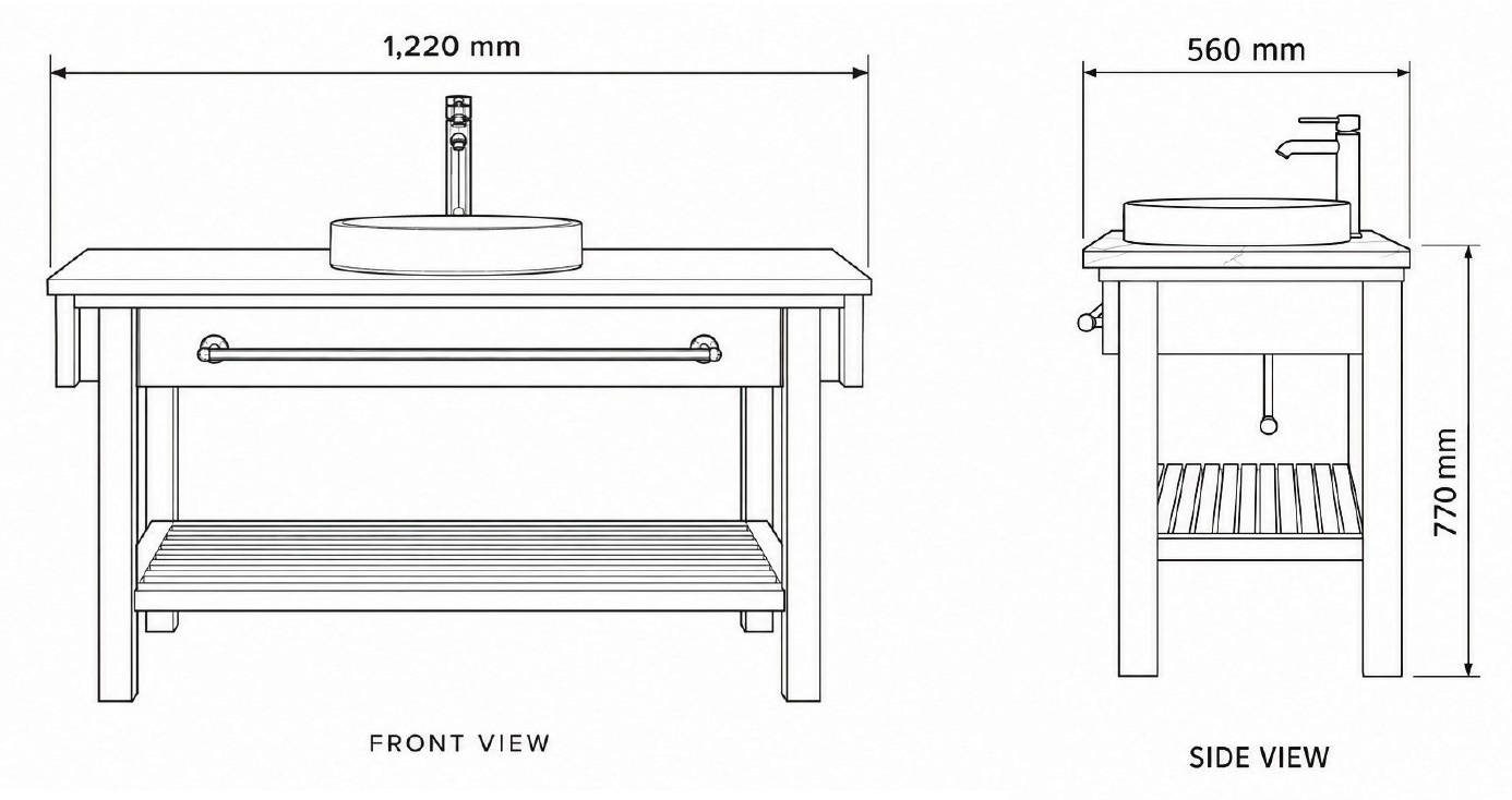 Vanity One in Solid Beech front and side elevation with dimensions in millimetres