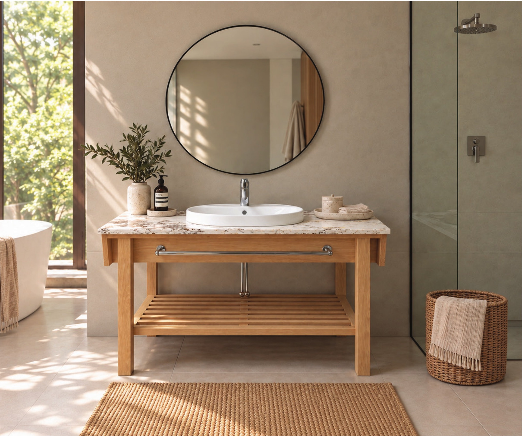 Vanity Four in Solid Oak installed in a bathroom setting
