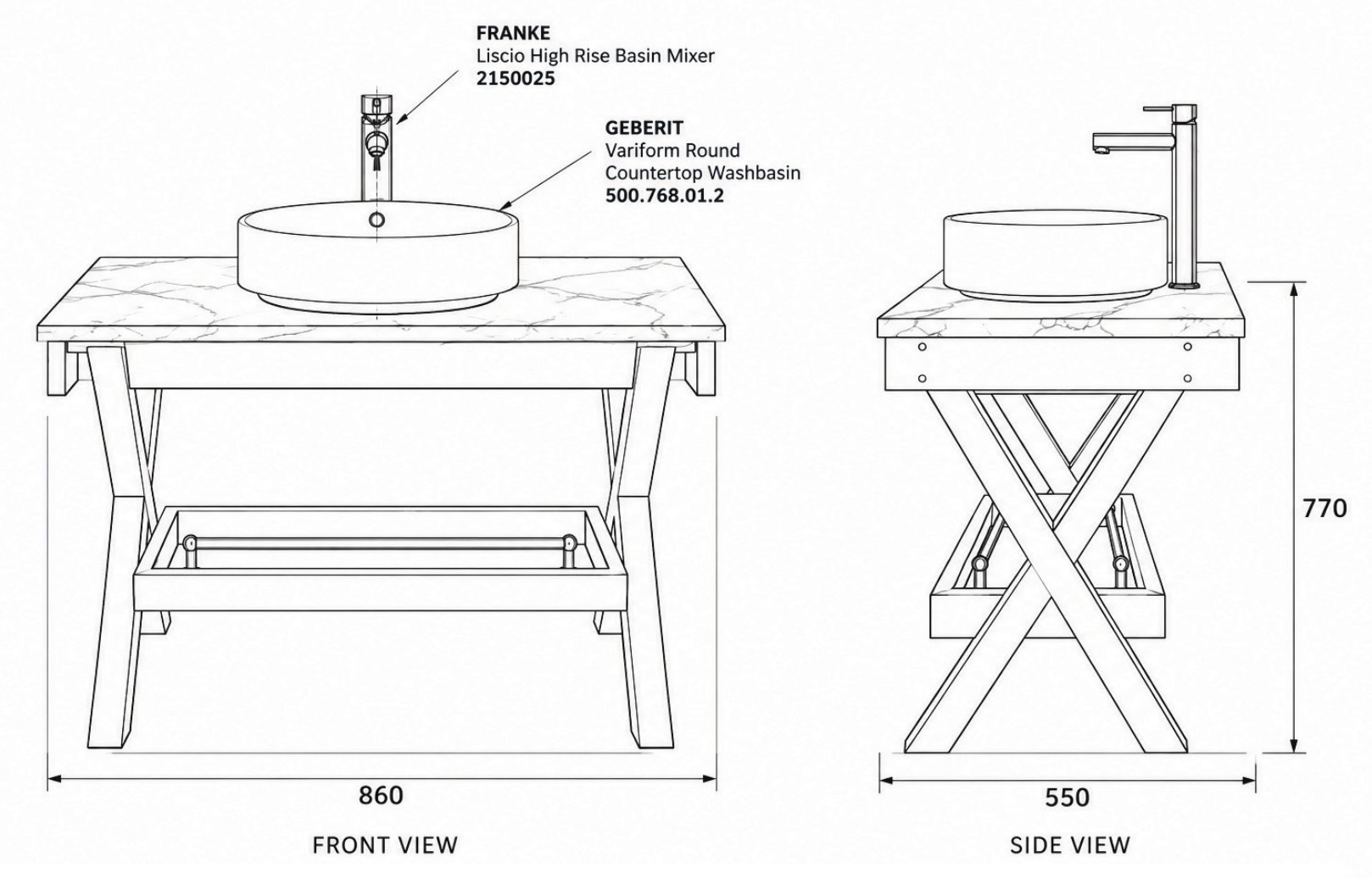Vanity Five in Solid Beech front and side elevation with dimensions in millimetres