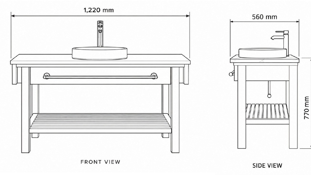 Vanity One in Solid Oak front and side elevation with dimensions in millimetres