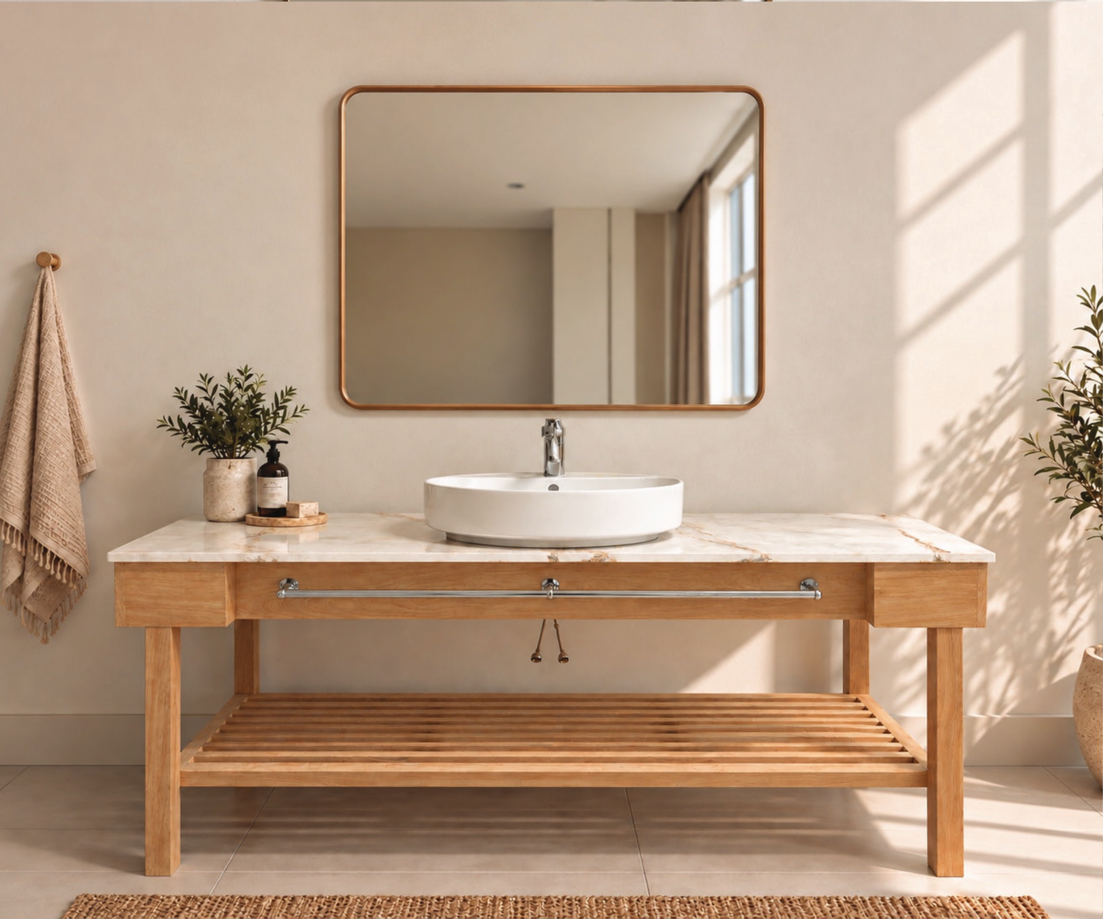 Vanity Three in Solid Oak installed in a bathroom setting